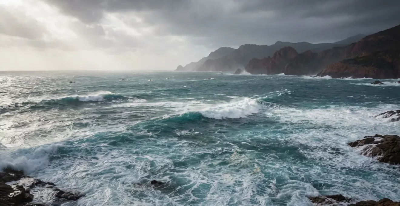 Vue large du Golfe de Porto avec mer formée et houle importante, bateaux au loin