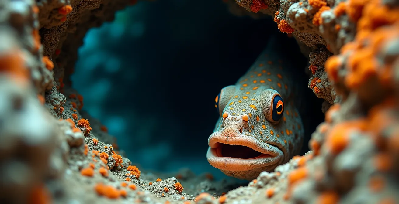 Gros plan sur un mérou brun dans son habitat rocheux avec détails de ses écailles et motifs caractéristiques