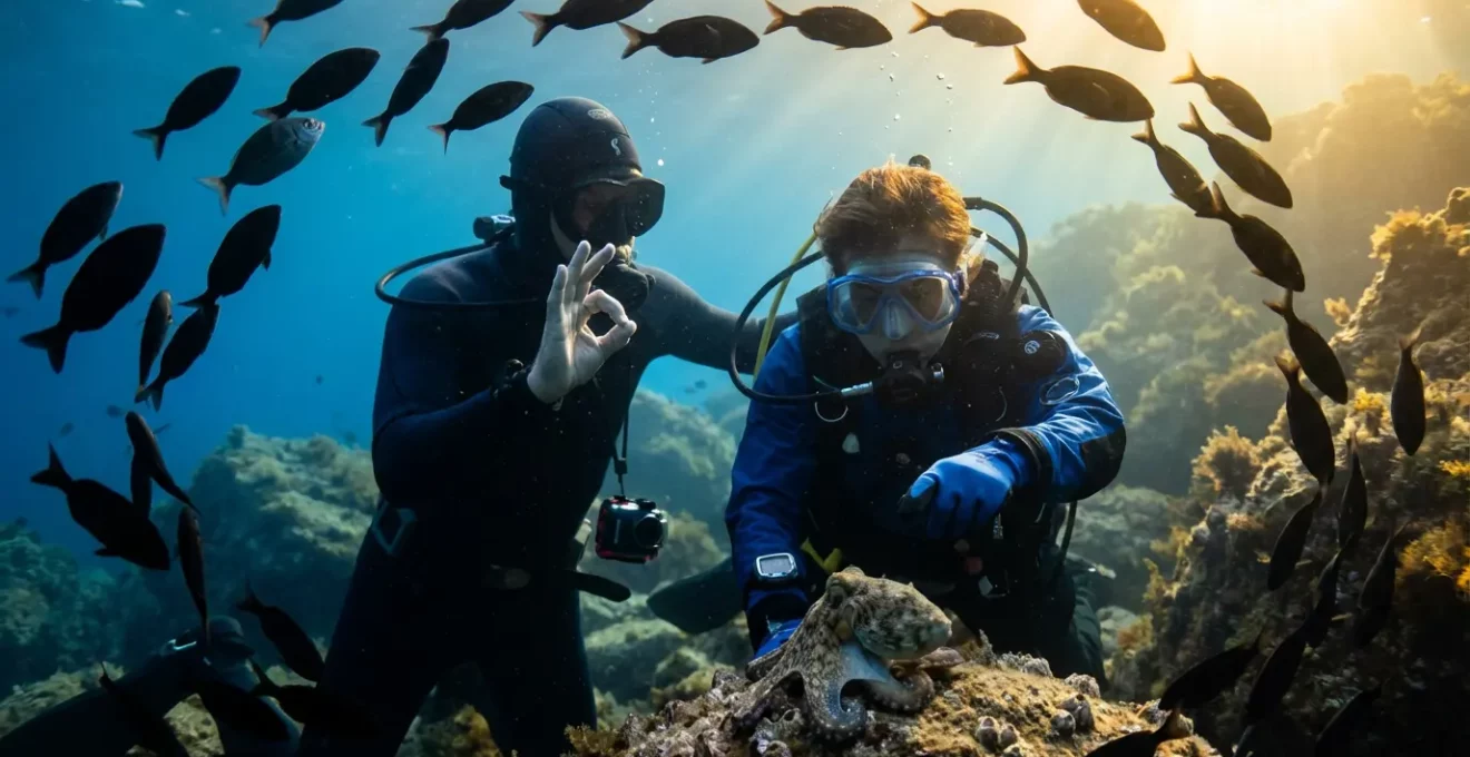 Moniteur de plongée guidant un débutant tout en documentant discrètement l'expérience