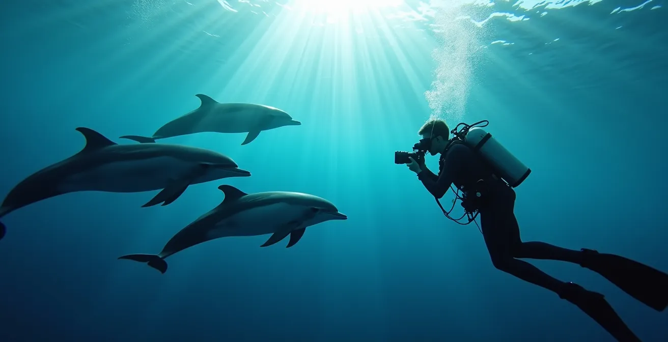 Plongeur photographiant un groupe de dauphins en mer Méditerranée avec matériel d'observation scientifique