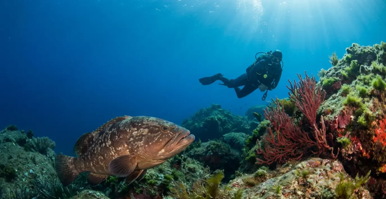 Un plongeur observant un mérou brun dans les eaux cristallines de la réserve des Lavezzi en Corse