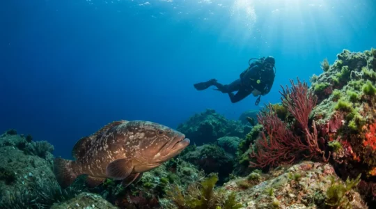 Un plongeur observant un mérou brun dans les eaux cristallines de la réserve des Lavezzi en Corse