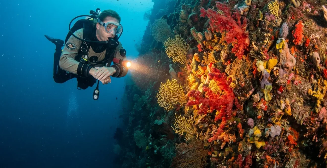 Paroi verticale sous-marine colonisée par le corail rouge et les gorgones en Méditerranée