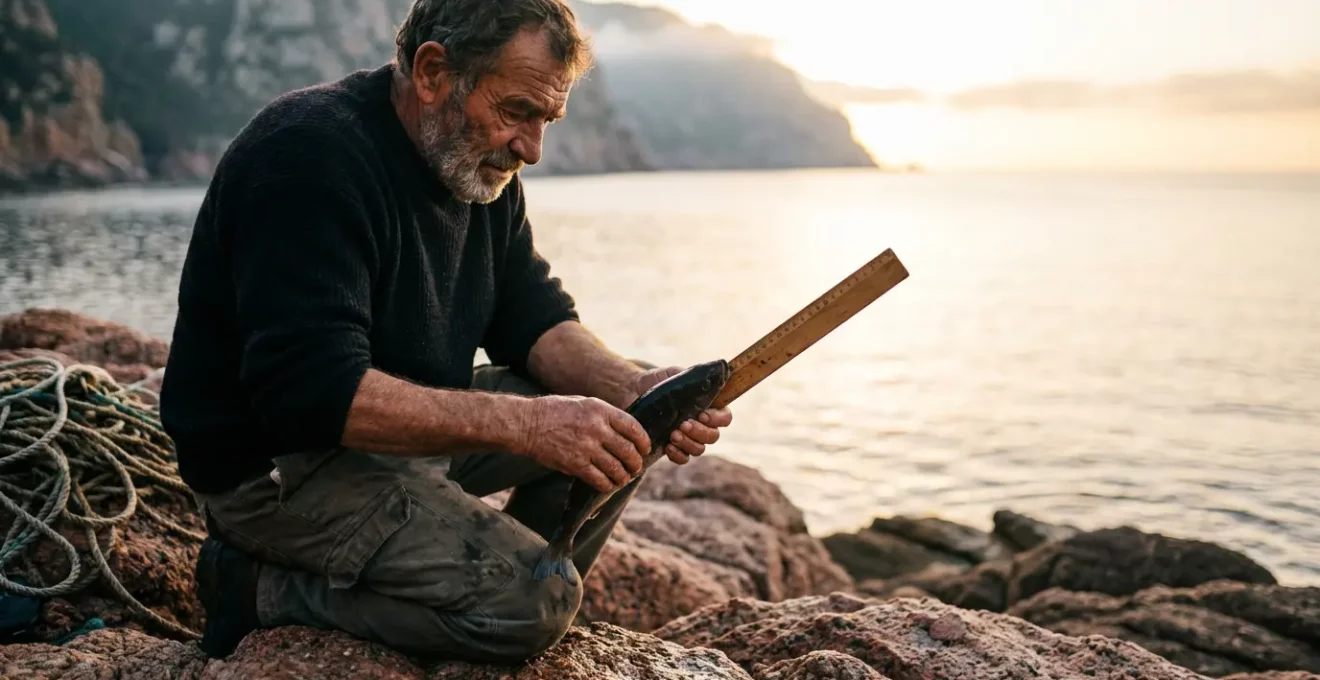 Pêcheur corse vérifiant la taille d'un poisson au lever du soleil sur la côte méditerranéenne