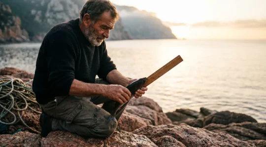 Pêcheur corse vérifiant la taille d'un poisson au lever du soleil sur la côte méditerranéenne