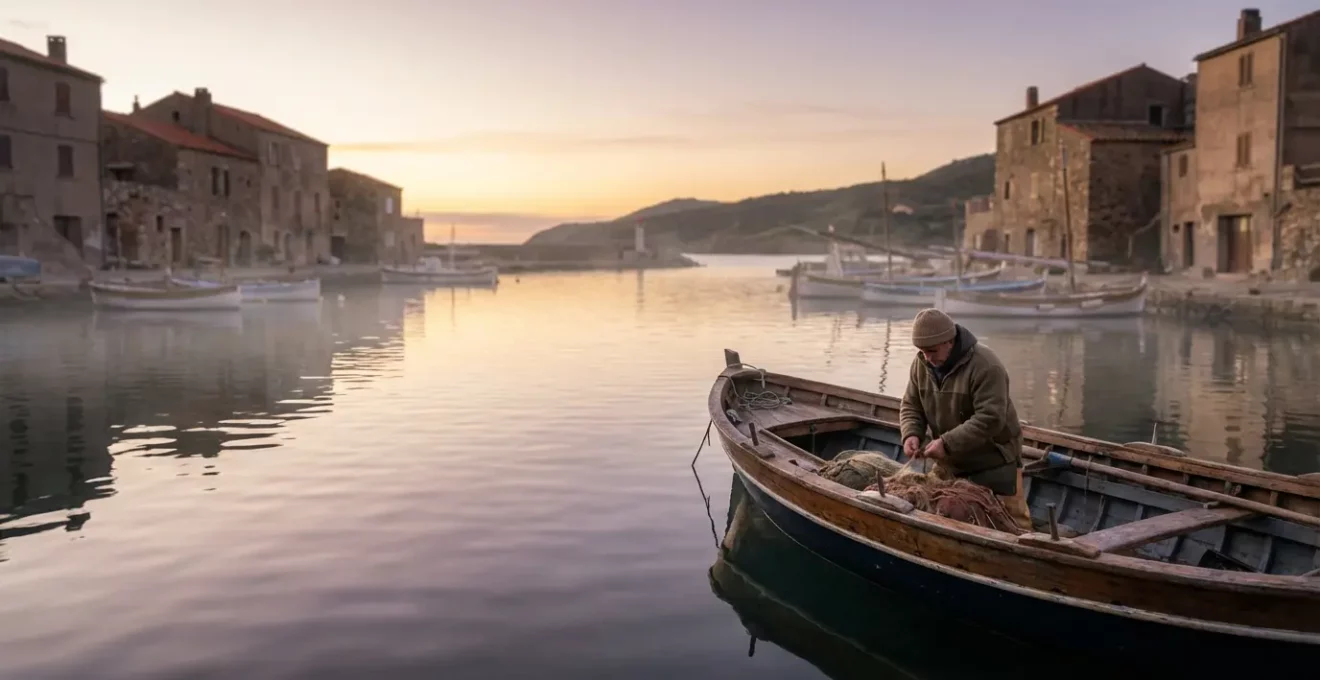 Pêcheur professionnel corse préparant ses filets dans un petit port traditionnel
