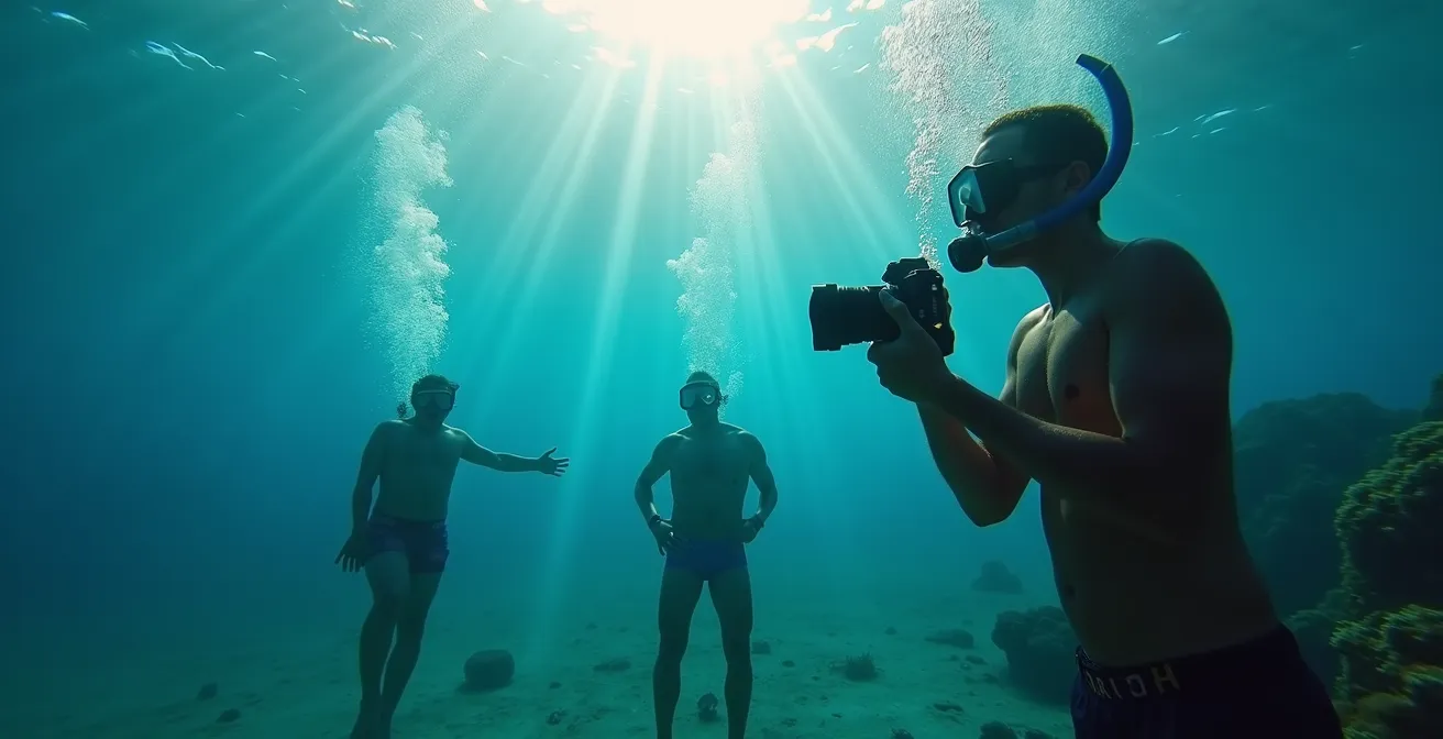 Guide photographe sous l'eau capturant des plongeurs avec appareil étanche