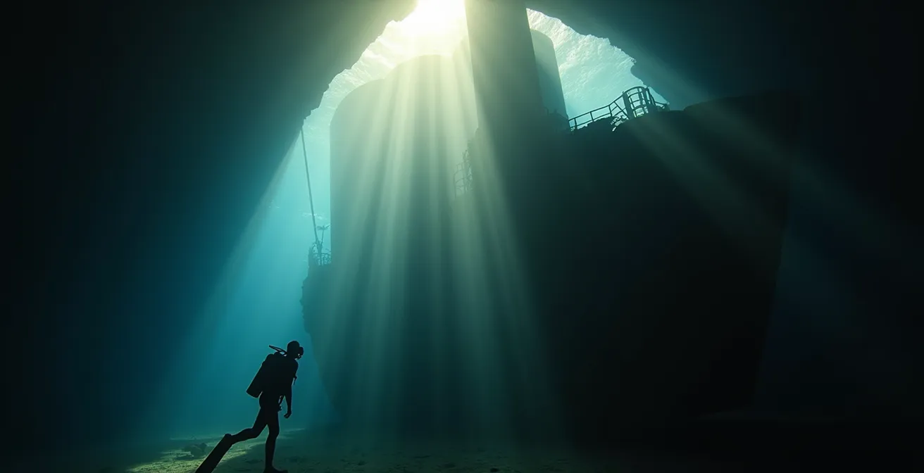 Photographie sous-marine d'une épave avec rayons de lumière naturelle et plongeur en contemplation