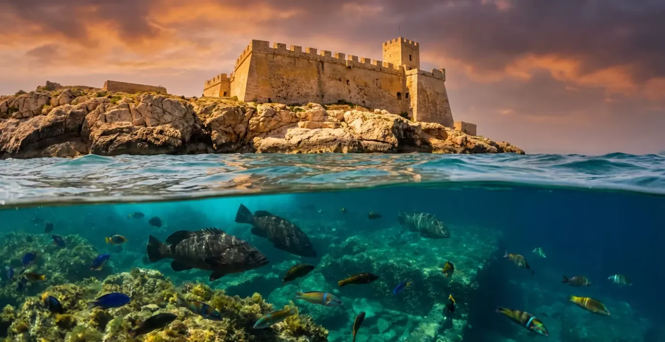 Vue mi-air mi-eau montrant une citadelle sur falaise en haut et des poissons colorés en bas