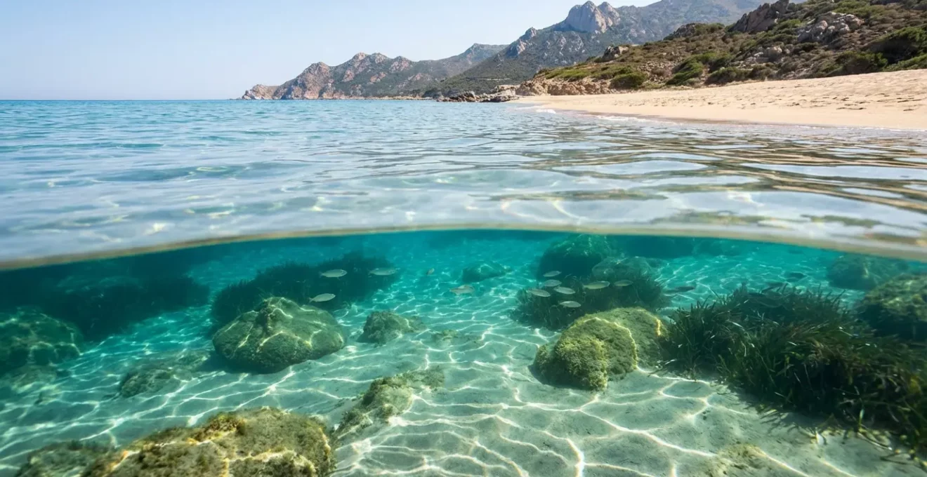 Vue sous-marine d'une plage corse montrant la progression depuis le bord avec visibilité parfaite du fond sableux