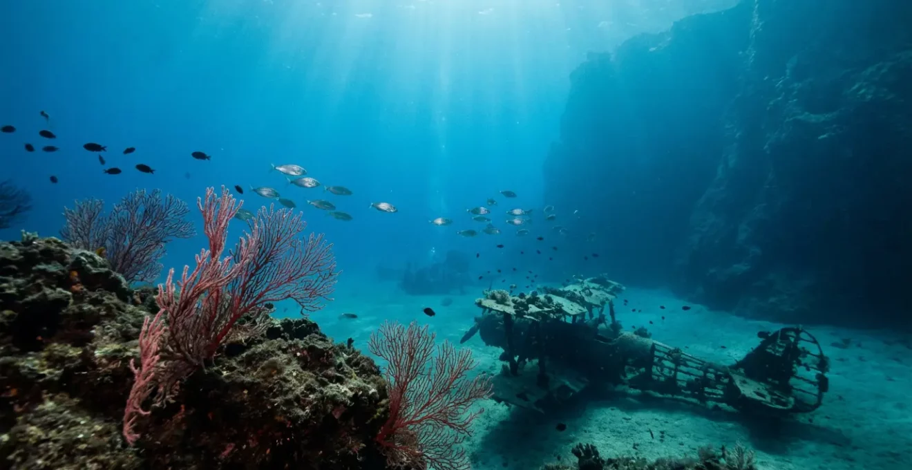 Vue sous-marine de la baie de Calvi avec l'épave du B17 et la biodiversité méditerranéenne