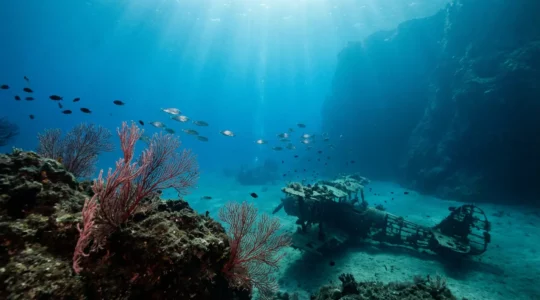 Vue sous-marine de la baie de Calvi avec l'épave du B17 et la biodiversité méditerranéenne