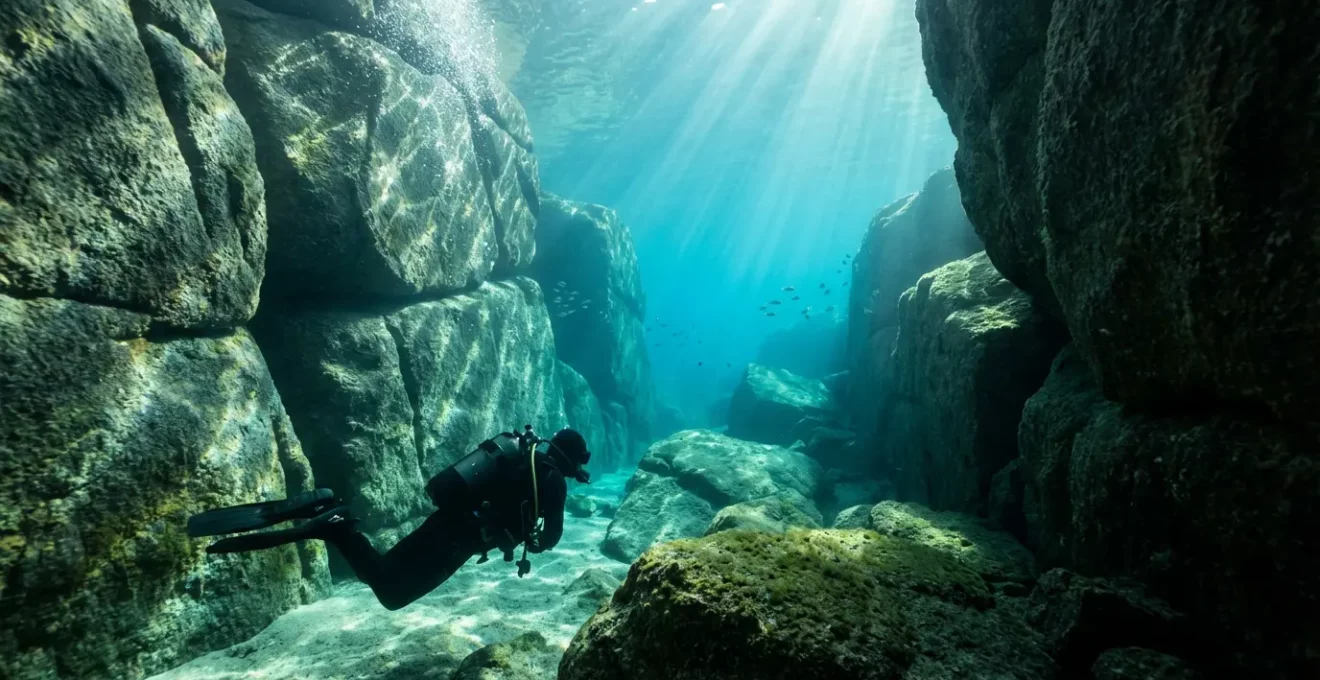 Plongeur évoluant dans un canyon de granit sous-marin avec des rayons de lumière traversant l'eau turquoise