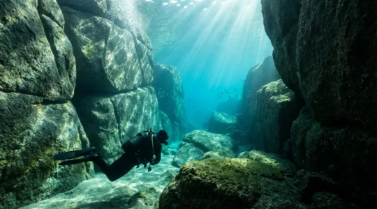 Plongeur évoluant dans un canyon de granit sous-marin avec des rayons de lumière traversant l'eau turquoise
