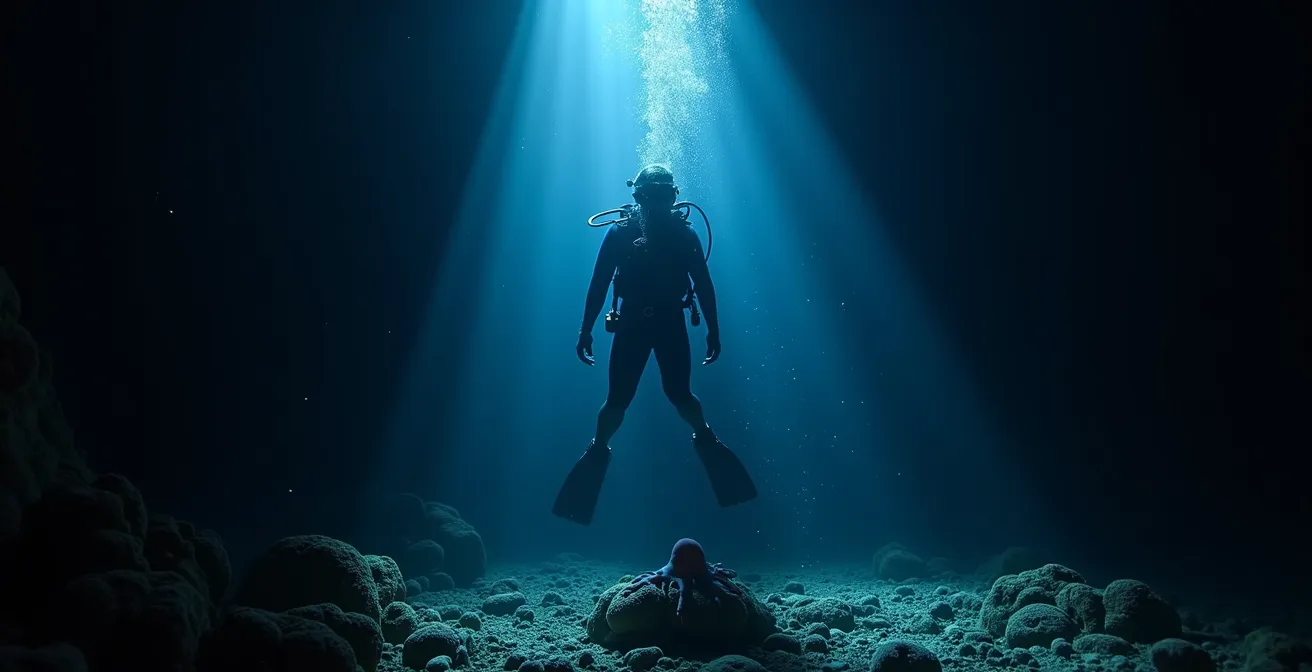 Plongeur de nuit observant la bioluminescence du plancton en Corse