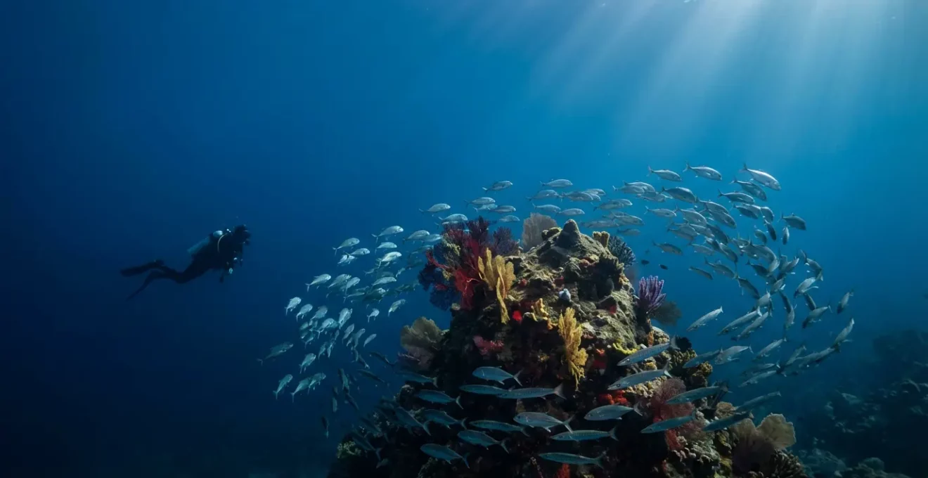 Plongeur explorant un sec rocheux avec banc de barracudas en spirale dans les eaux cristallines