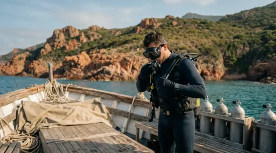 Plongeur certifié vérifiant son équipement sur un bateau de plongée en Corse avec les falaises méditerranéennes en arrière-plan