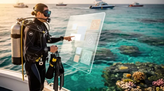 Plongeur consultant un tableau comparatif de prix tout en tenant un équipement de plongée