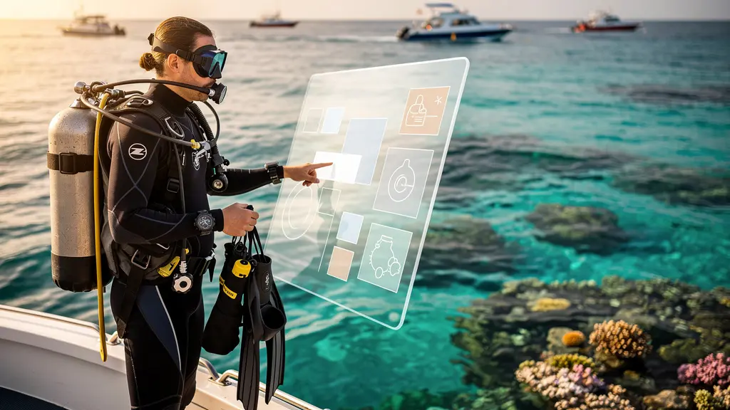 Plongeur consultant un tableau comparatif de prix tout en tenant un équipement de plongée