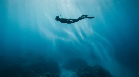 Plongeur en position horizontale glissant avec aisance dans un courant océanique, environnement sous-marin lumineux