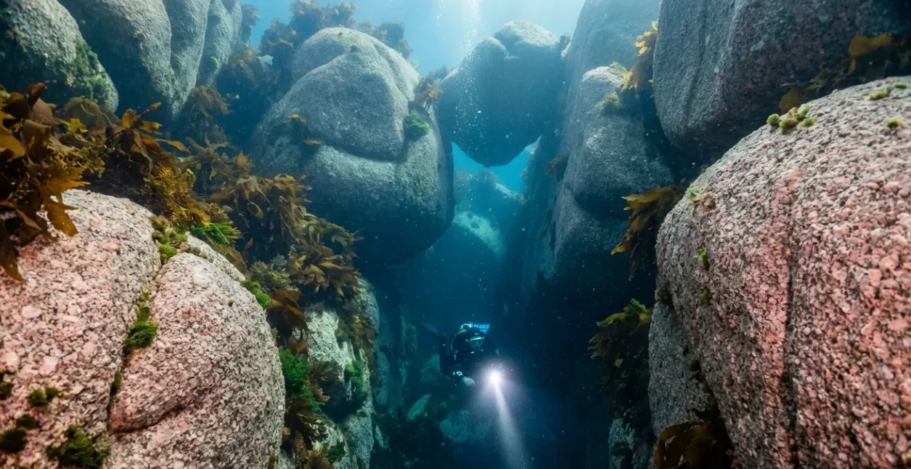 Plongeur explorant un labyrinthe de rochers granitiques sous-marins avec faisceau lumineux