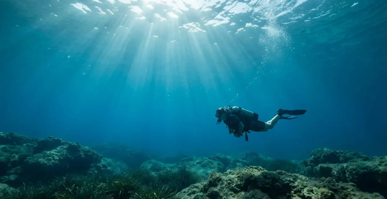 Plongeur en formation niveau 2 évoluant dans les eaux turquoises de Corse avec équipement complet