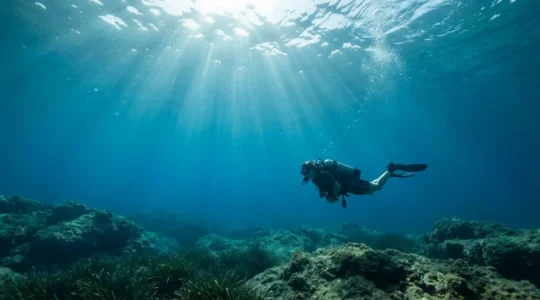 Plongeur en formation niveau 2 évoluant dans les eaux turquoises de Corse avec équipement complet