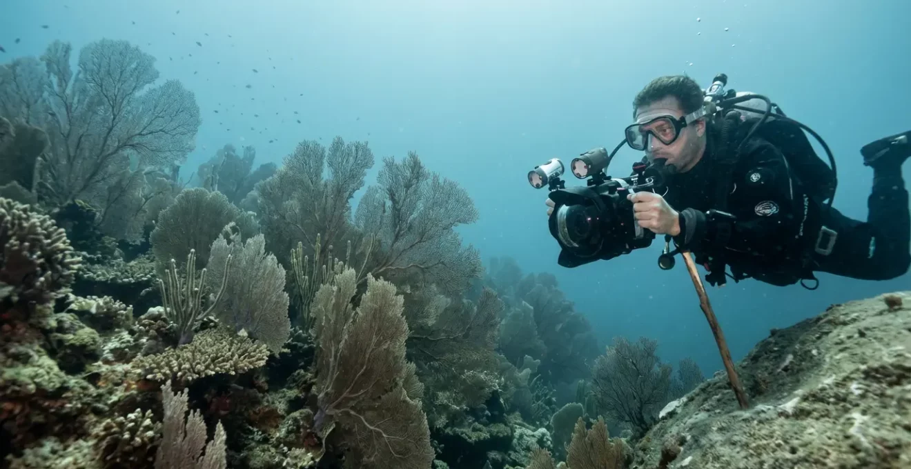 Plongeur photographe en flottabilité neutre photographiant des gorgones sans les toucher