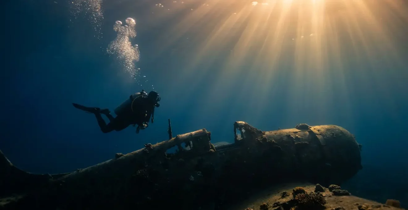 Plongeur explorant seul l'épave du B17 dans la lumière dorée du matin
