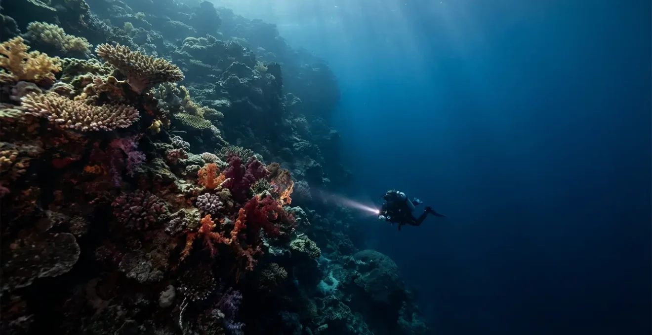 Plongeur observant un tombant corallien en eaux profondes avec éclairage phare
