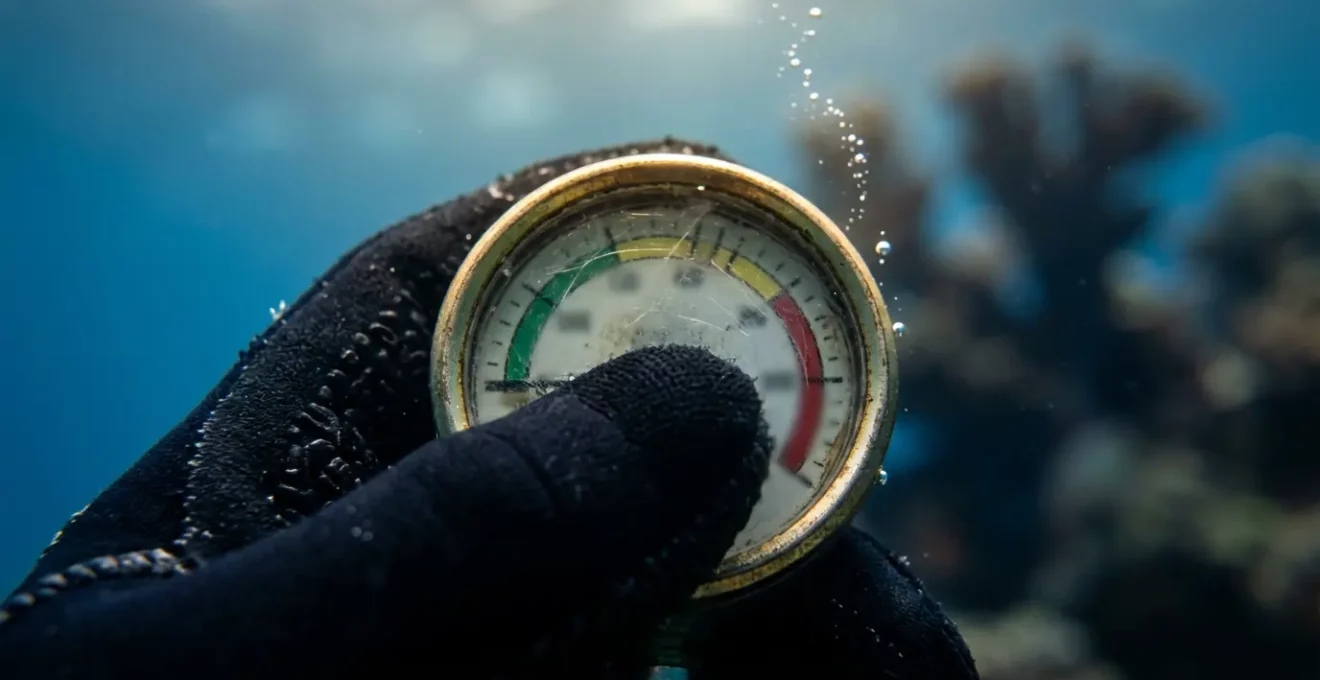Plongeur consultant son manomètre en profondeur avec détails de l'équipement
