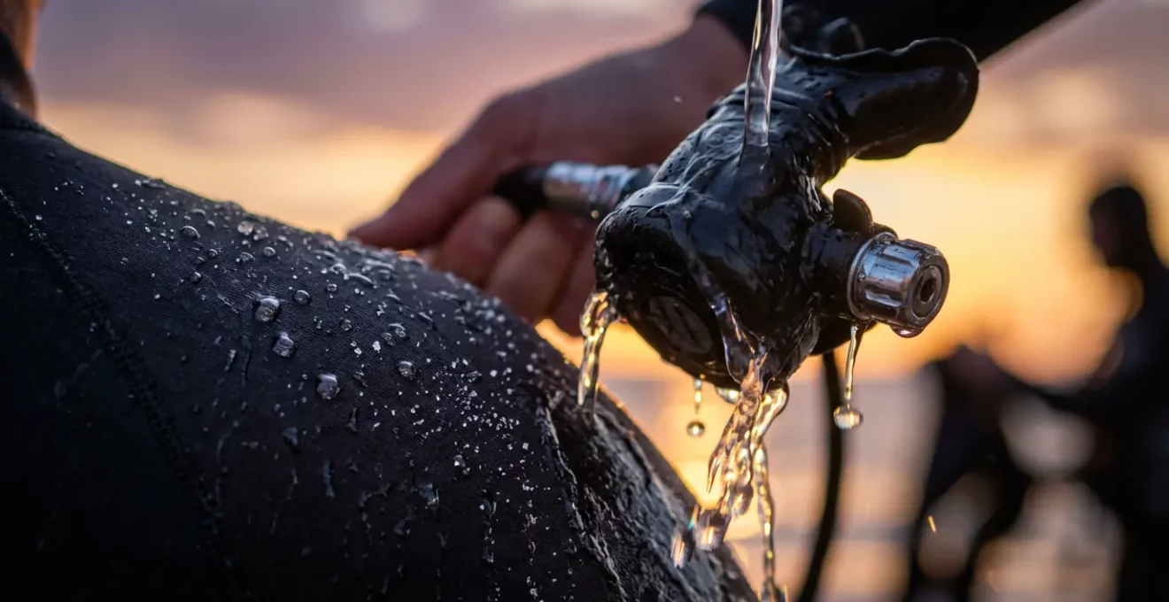 Plongeurs rinçant leur matériel ensemble au centre de plongée en fin de journée