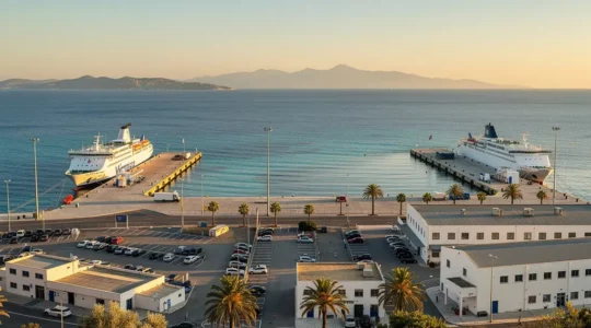 Vue panoramique du port d'Ajaccio avec ferry et embarcadères en été