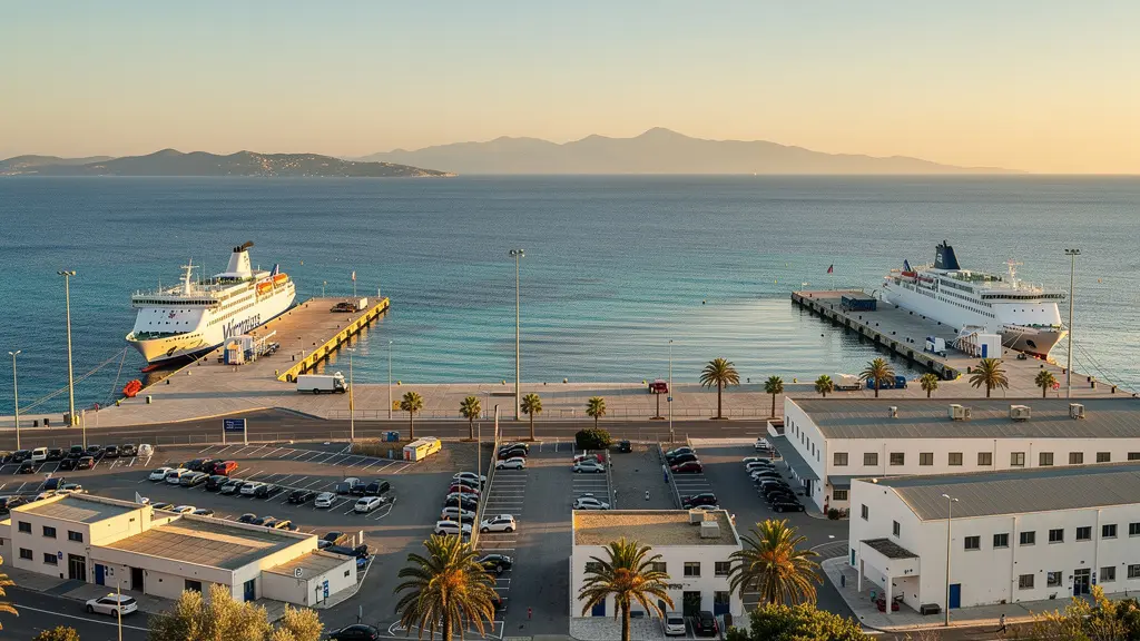 Vue panoramique du port d'Ajaccio avec ferry et embarcadères en été