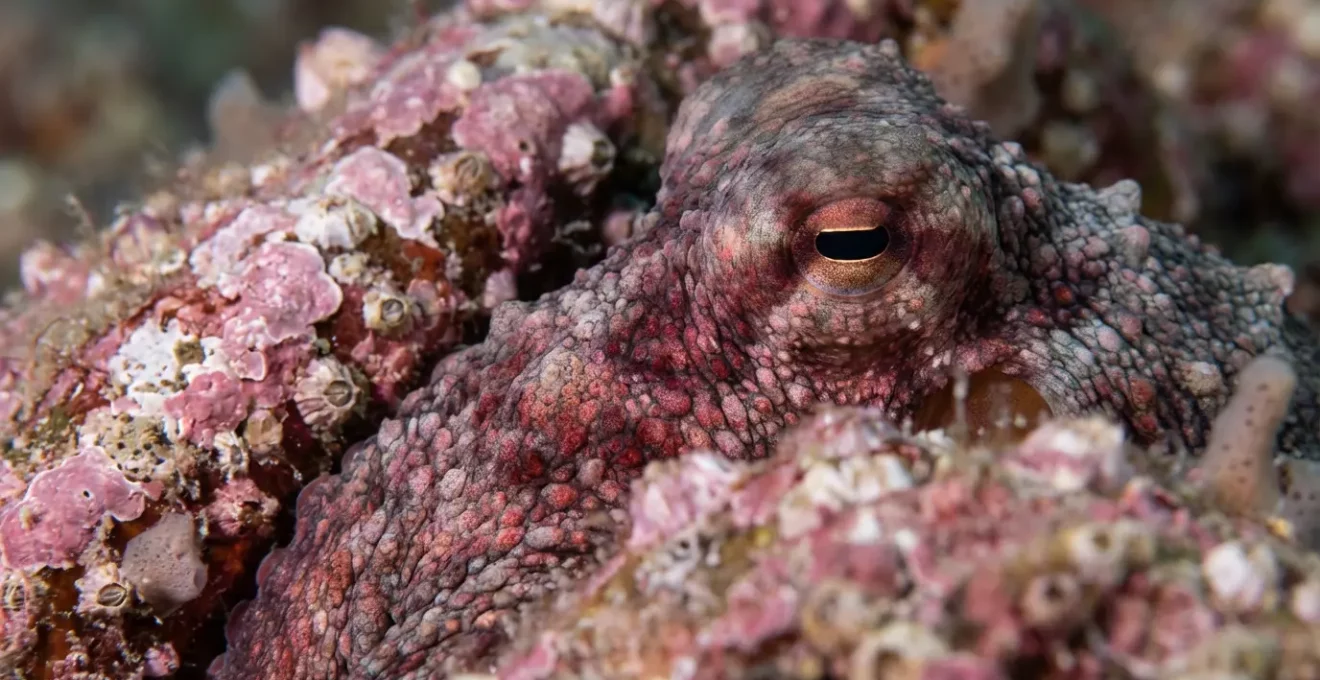 Gros plan macro sur un poulpe parfaitement camouflé sur un rocher corse, presque invisible