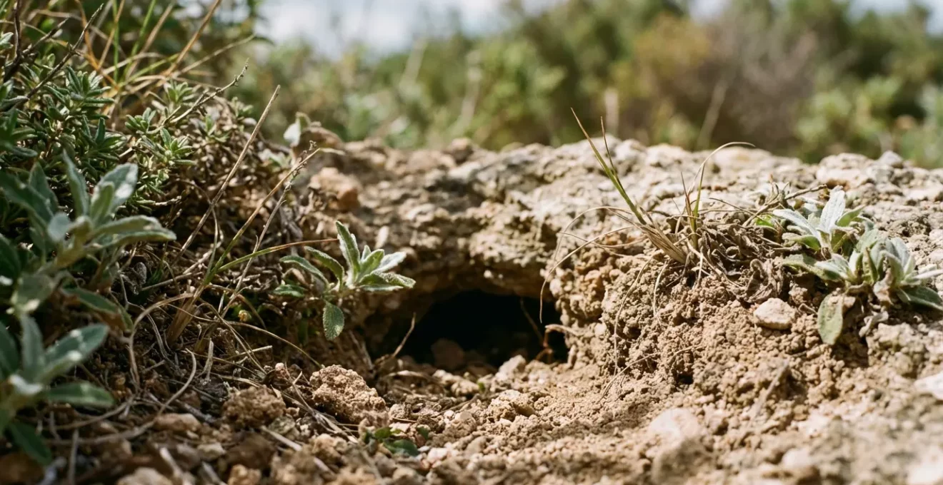 Gros plan sur un terrier de puffin cendré dans la roche avec végétation endémique