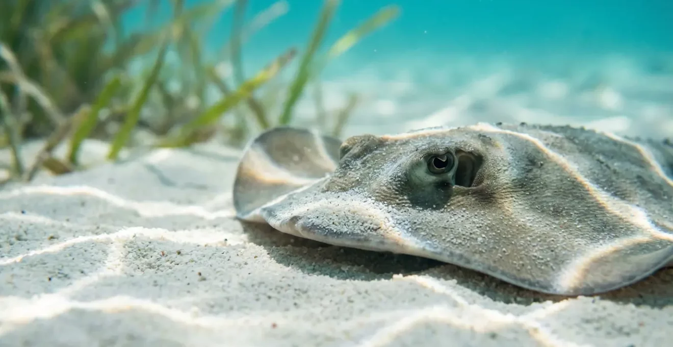 Raie pastenague camouflée dans le sable avec un plongeur observant à distance respectueuse