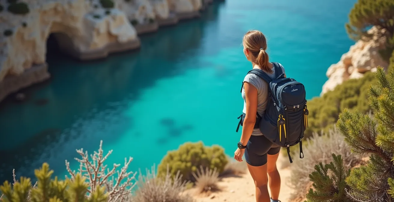 Randonneur avec équipement de snorkeling observant une crique turquoise depuis le sentier