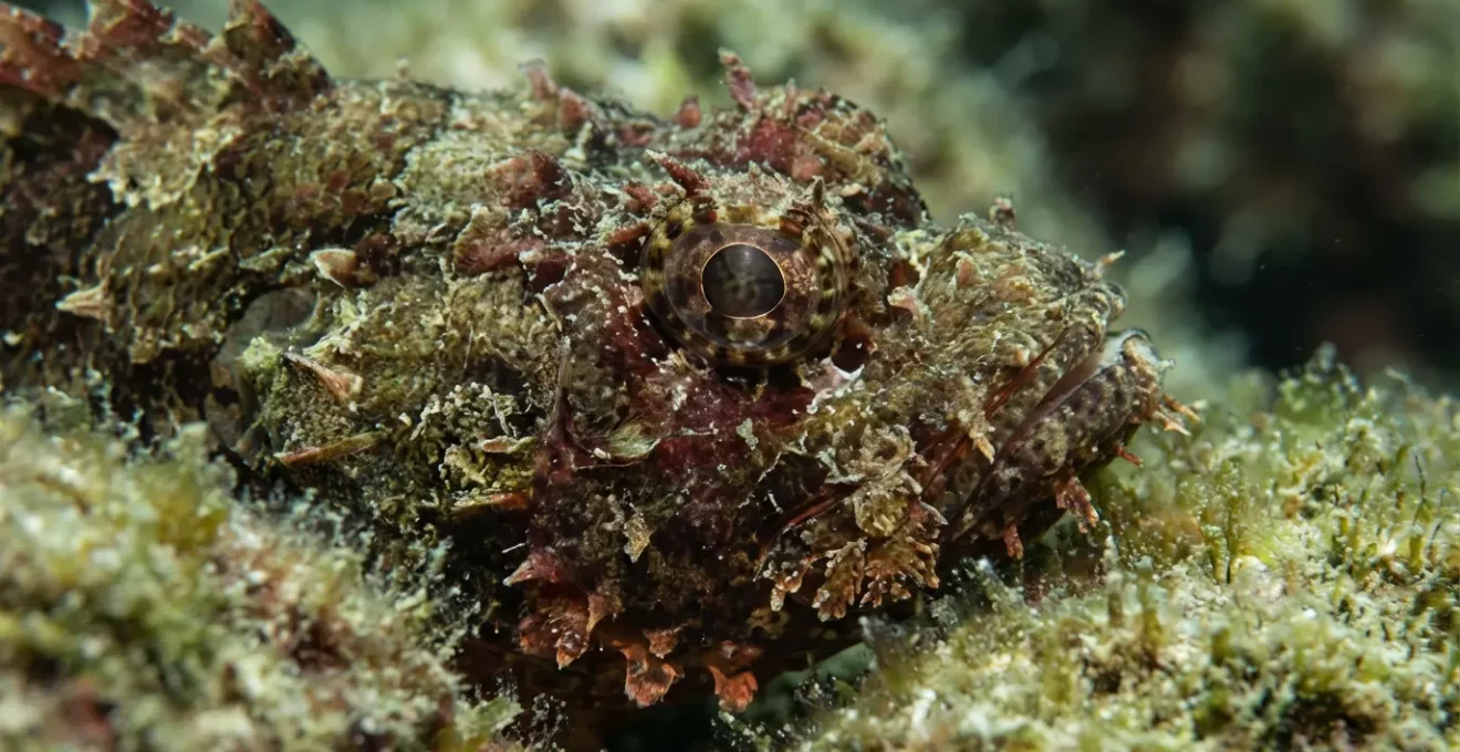 Rascasse parfaitement camouflée sur un rocher avec algues en Méditerranée