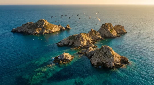 Vue aérienne des îles Cerbicale avec oiseaux marins en vol au-dessus des eaux turquoise