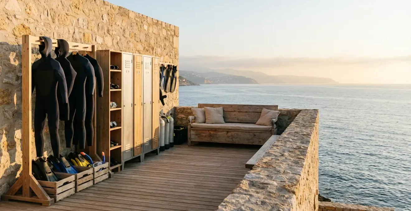 Vue grand angle d'une terrasse de résidence de vacances avec équipements de plongée étendus pour séchage et espace de rangement sécurisé