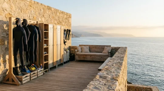 Vue grand angle d'une terrasse de résidence de vacances avec équipements de plongée étendus pour séchage et espace de rangement sécurisé