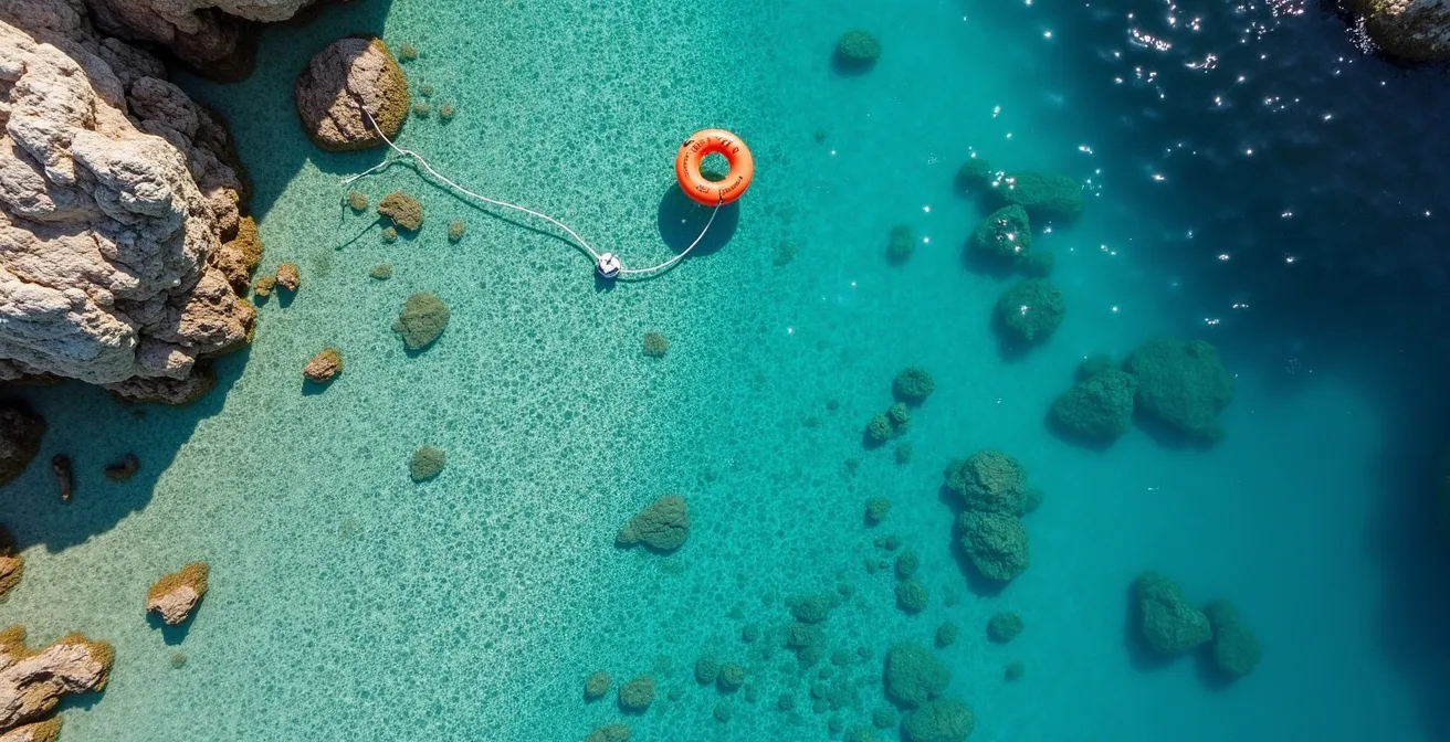 Vue aérienne schématique d'un courant d'arrachement dans une baie corse avec trajectoire de sortie sécurisée
