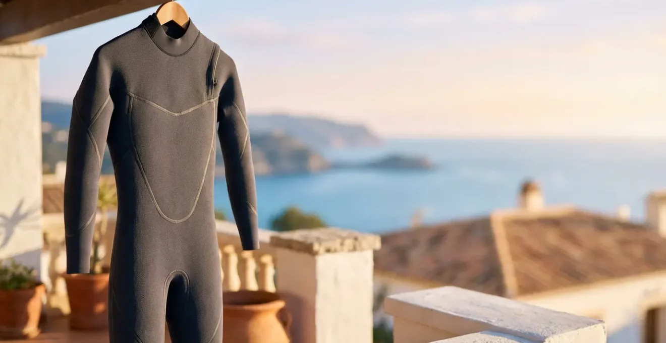 Combinaison néoprène suspendue à sécher sur un cintre large en extérieur