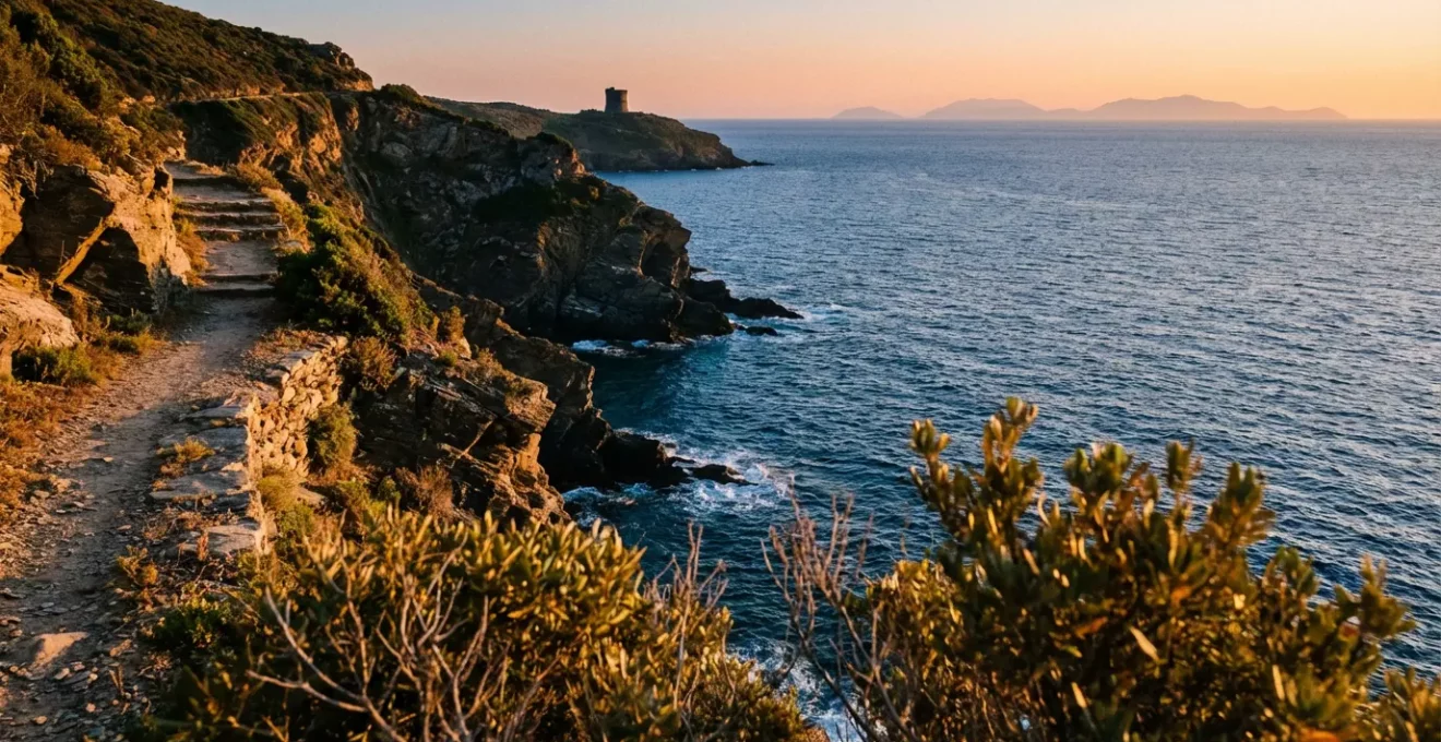 Vue panoramique du sentier des douaniers longeant les falaises escarpées du Cap Corse avec la mer Méditerranée turquoise en contrebas