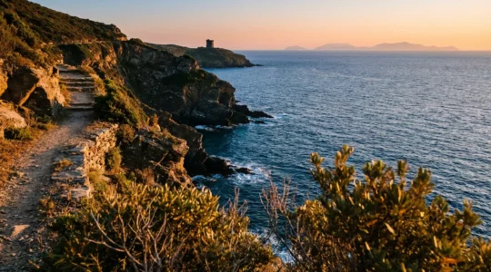 Vue panoramique du sentier des douaniers longeant les falaises escarpées du Cap Corse avec la mer Méditerranée turquoise en contrebas