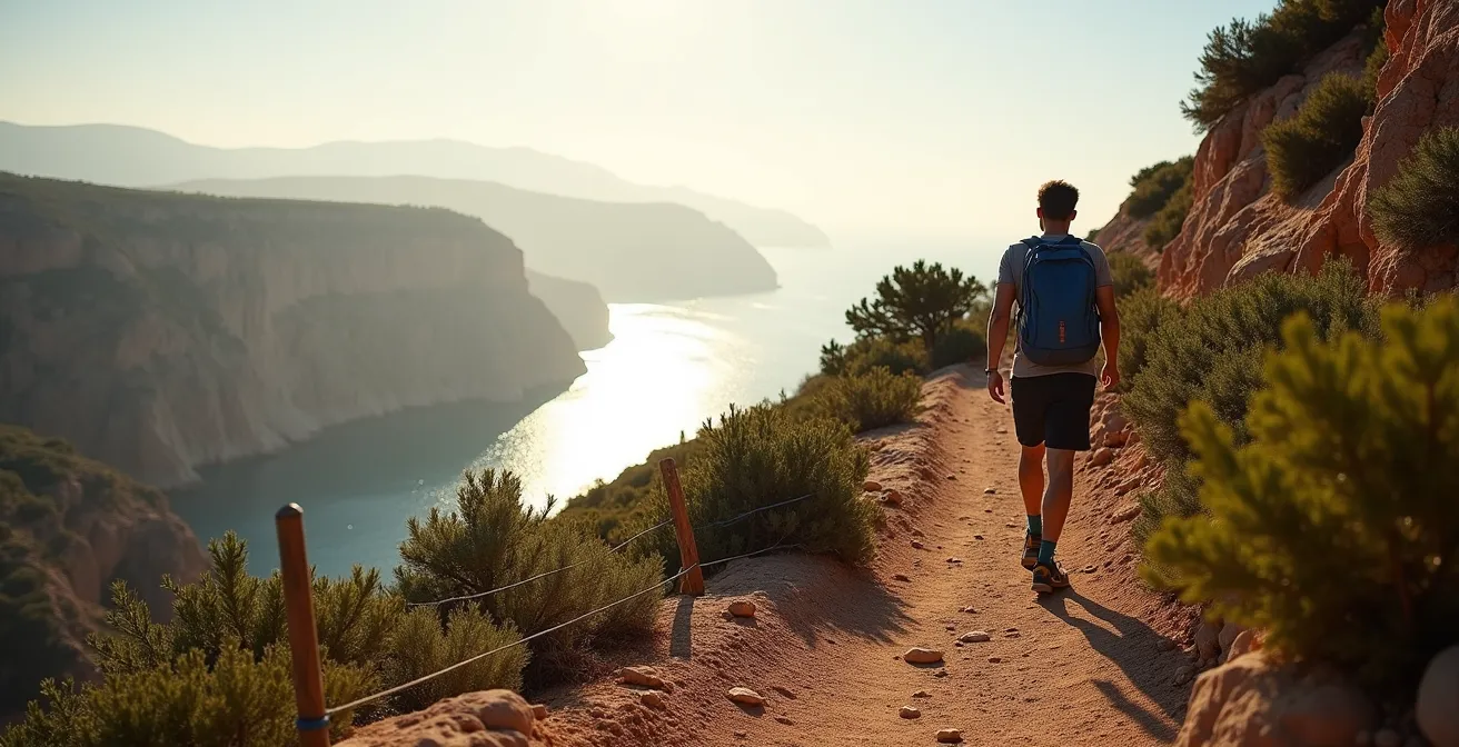 Randonneur sur le sentier escarpé de Girolata avec vue partielle sur le golfe et la réserve de Scandola au loin