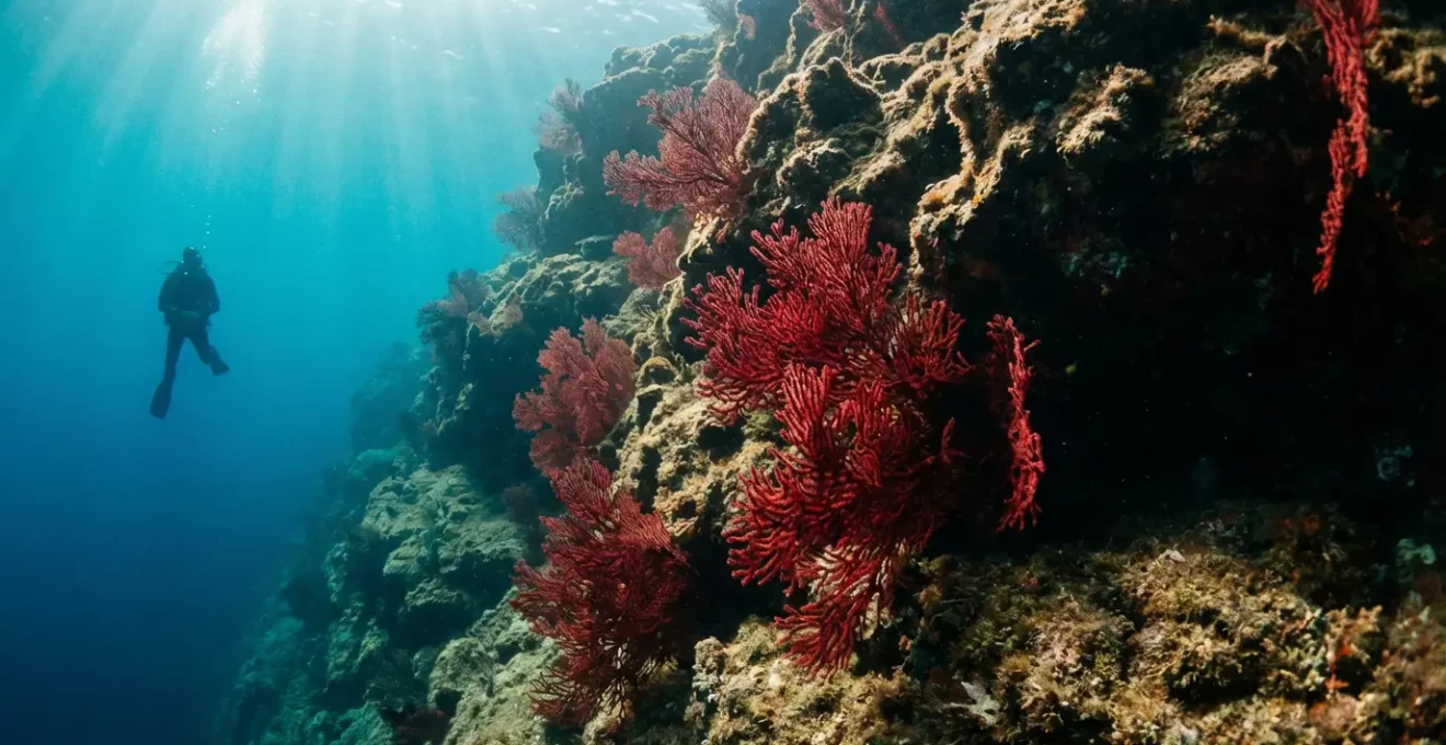 Vue sous-marine d'un plongeur explorant un tombant rocheux recouvert de gorgones rouges en Corse, avec la lumière du soleil filtrant à travers l'eau turquoise