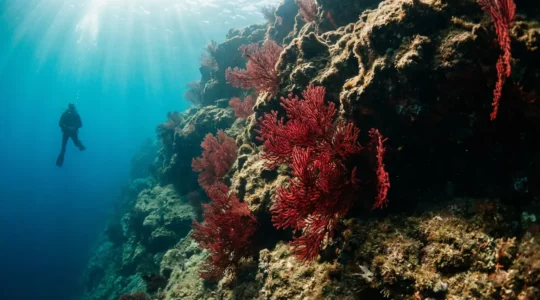 Vue sous-marine d'un plongeur explorant un tombant rocheux recouvert de gorgones rouges en Corse, avec la lumière du soleil filtrant à travers l'eau turquoise