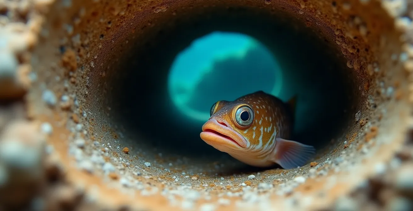 Cavité arrondie dans le granit corse, appelée taffoni, abritant la tête d'un mérou brun curieux.